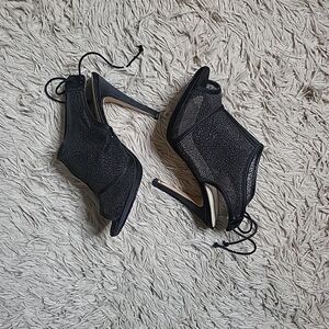 Caparros Heels Black Glitter Mesh Semi Sheer Cage Open Toe Heels Shoes Pumps 7 B